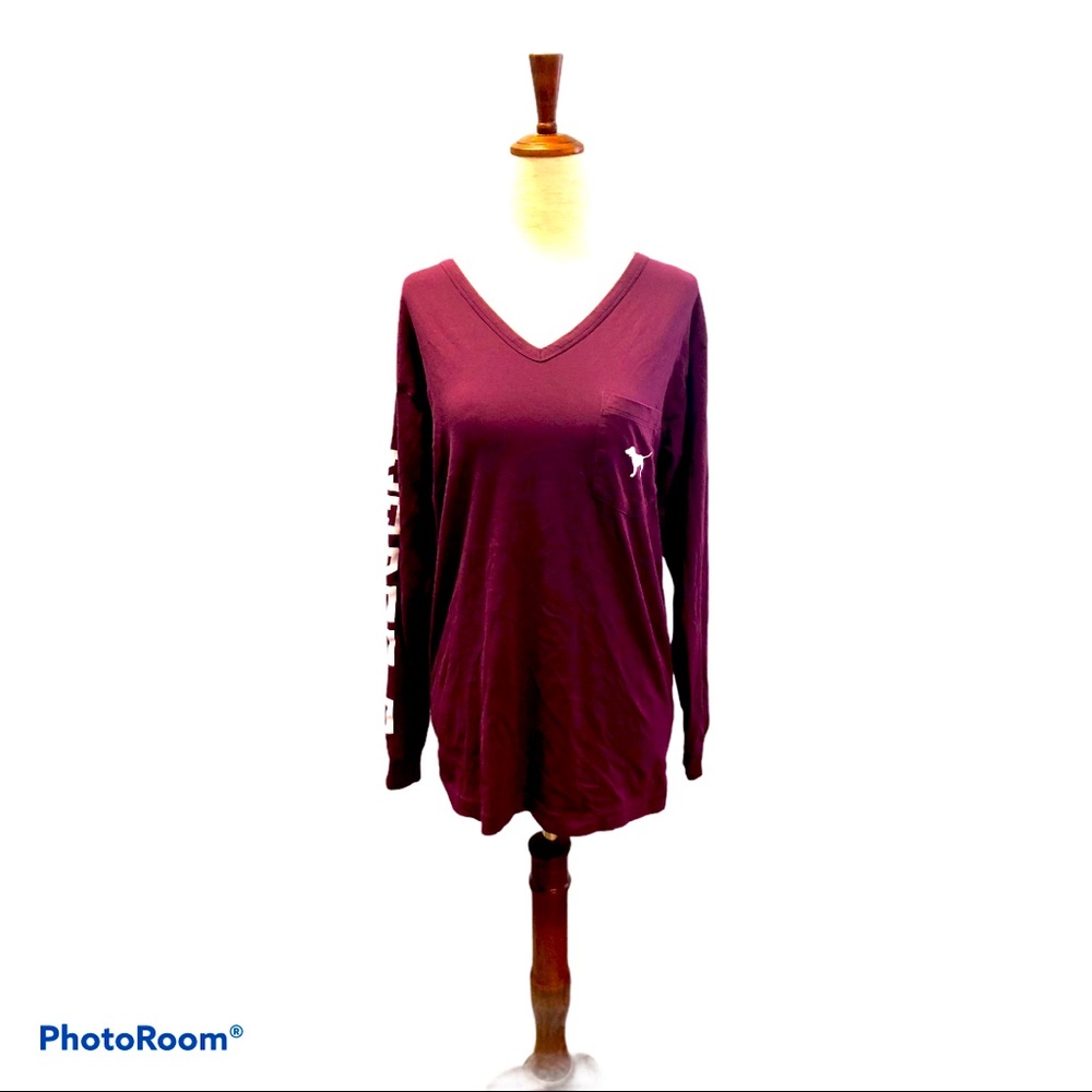 PINK Maroon and White Cotton Long‎ Sleeve Shirt XS